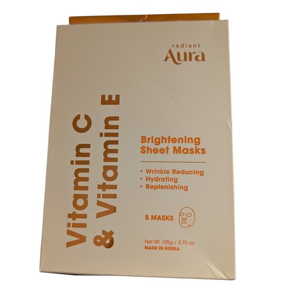 Aura Radiant Vitamin C & Vitamin E Sheet Masks 5 Pack Wrinkle Reducing Hydrating - Picture 1 of 5